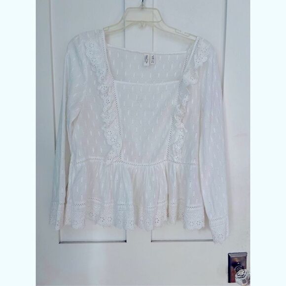 Anthropologie Meadow Rue White Edelyn Ruffled Eyelet Summer Blouse Top Sz 10 - Picture 6 of 10